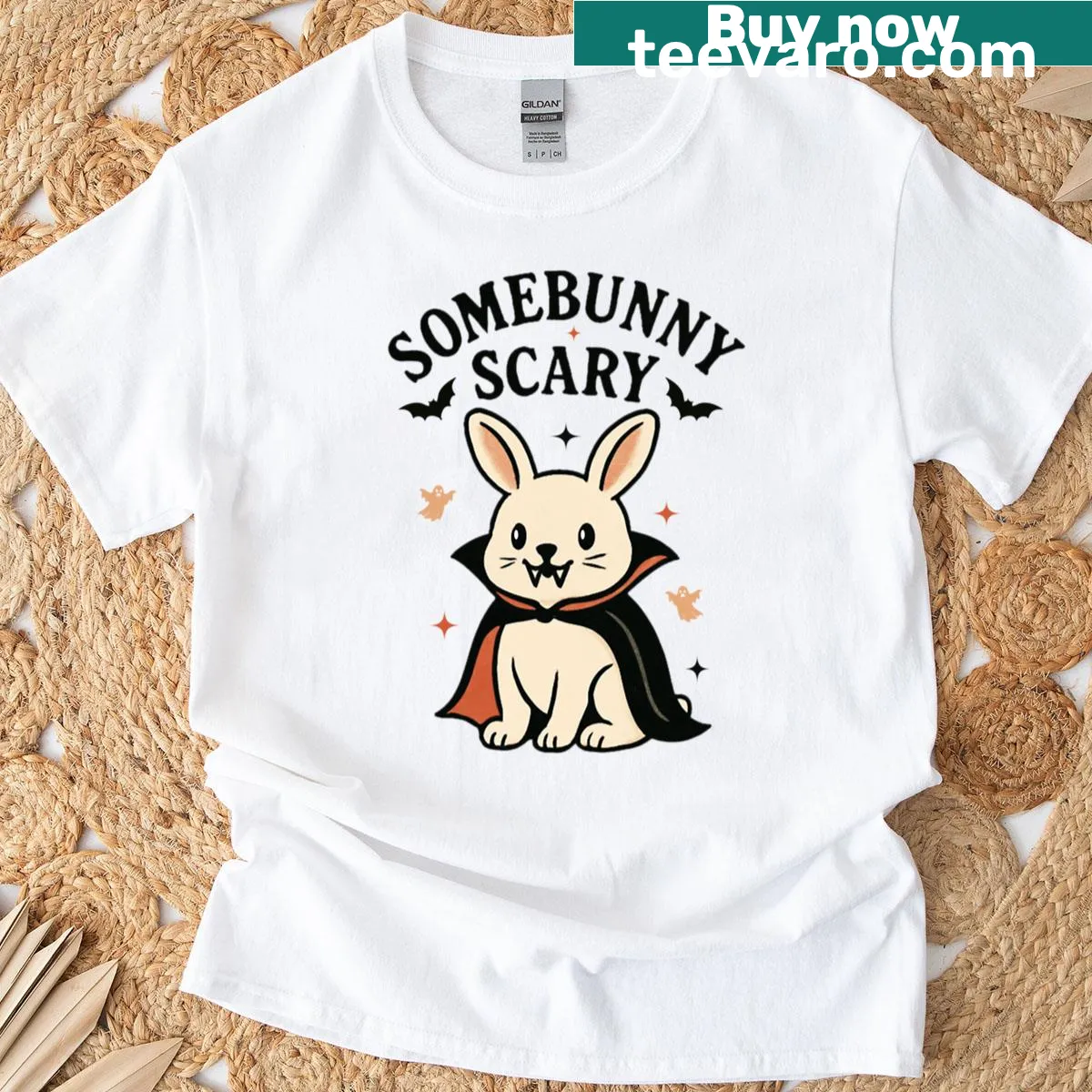 Halloween t-shirt with a cute vampire bunny and pun design — on a men's t-shirt