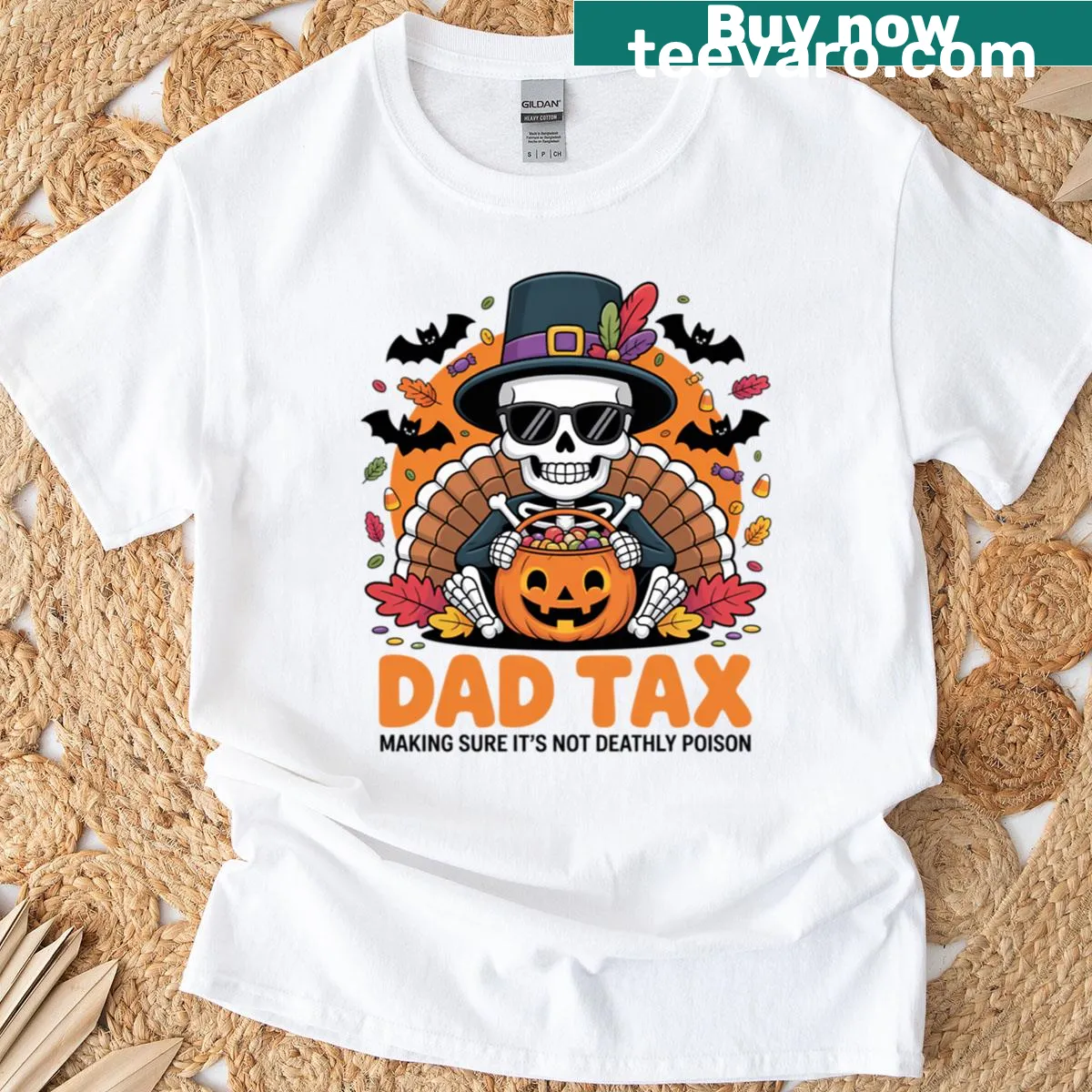 Funny candyturkey t-shirt with 'Dad Tax' text for Halloween and Thanksgiving — on a men's t-shirt