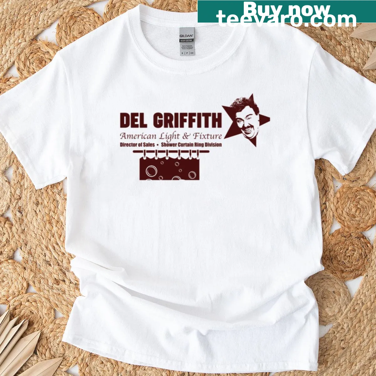 T-shirt featuring Del Griffith from the classic movie with a light fixture graphic. — on a men's t-shirt