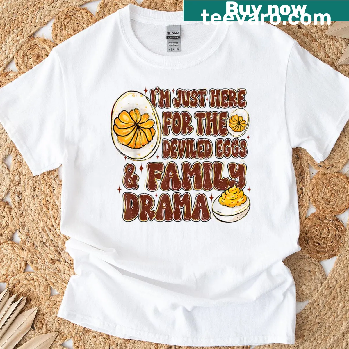 Cute T-shirt featuring a whimsical graphic of deviled eggs — on a men's t-shirt