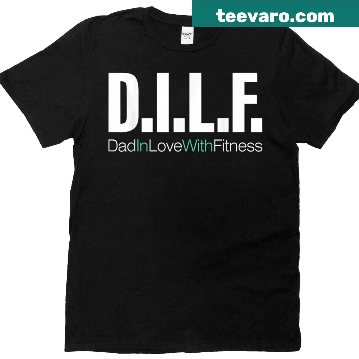 Fitness-themed T-shirt for dads with playful Dilf quote — on a men's t-shirt