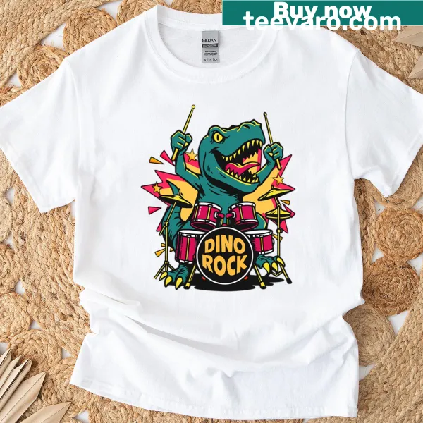 Playful dinosaur drummer design for music lovers