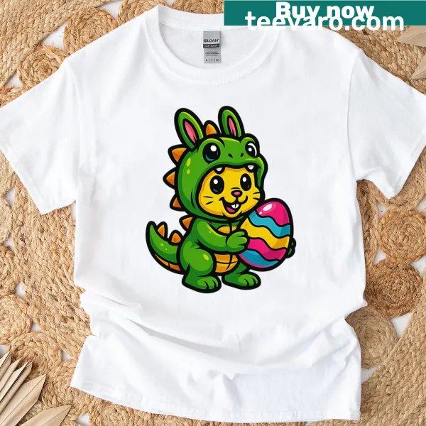 Dinosaur bunny cartoon graphic on an Easter themed t-shirt