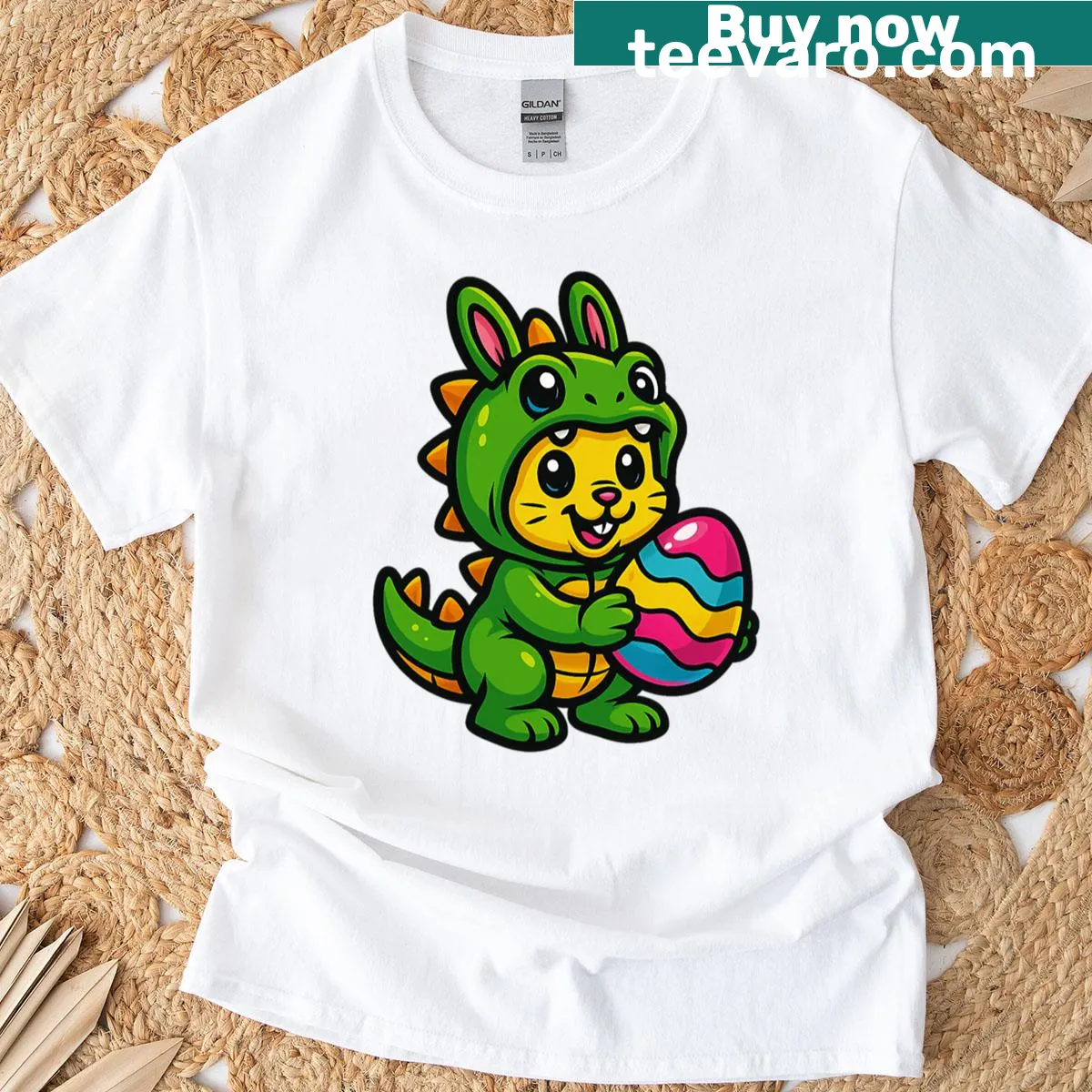 Dinosaur bunny cartoon graphic on an Easter themed t-shirt — on a men's t-shirt