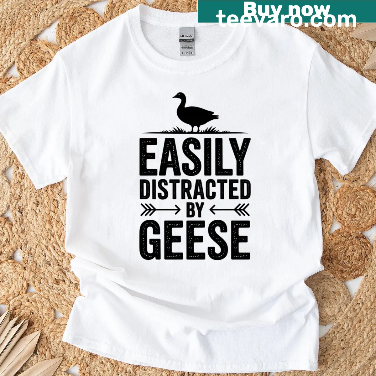 Funny t-shirt featuring a cartoon goose and the phrase 'Distracted By Geese' — on a men's t-shirt