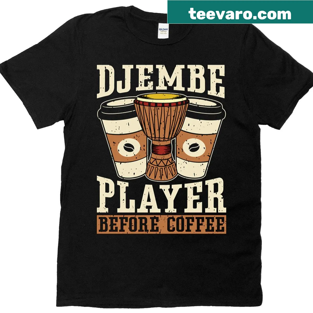 T-shirt featuring phrase 'Djembe Player Before Coffee' for coffee lovers — on a men's t-shirt