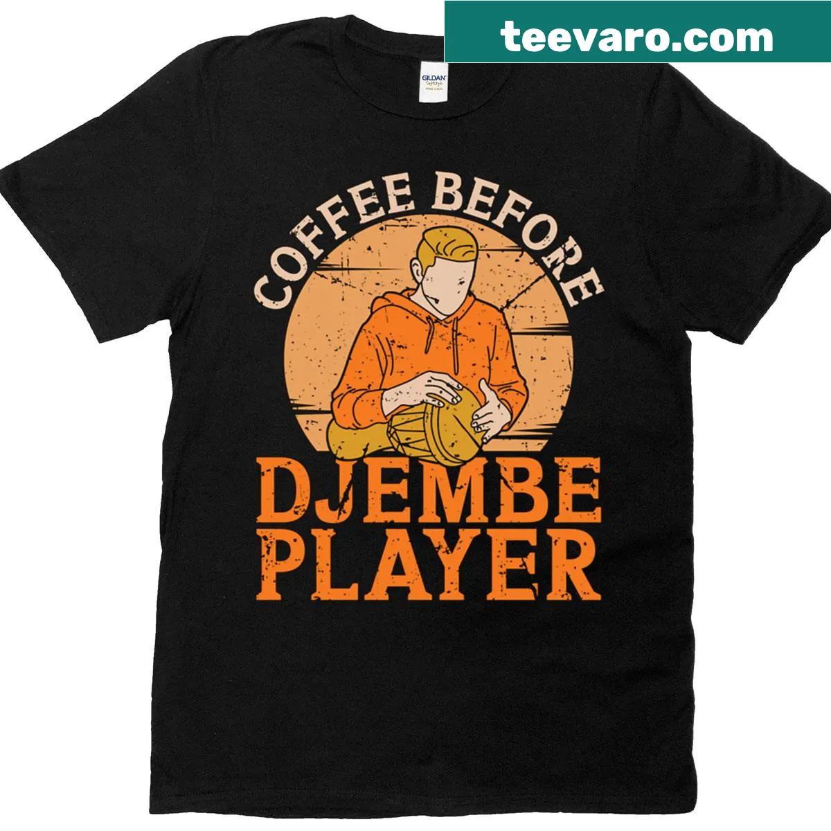 Coffee before djembe T-shirt for music lovers and coffee enthusiasts — on a men's t-shirt