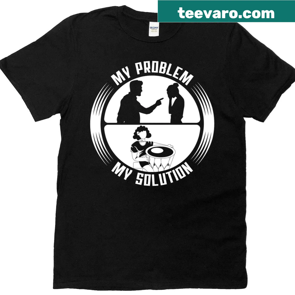 Playful djembe player t-shirt with humorous pictogram design — on a men's t-shirt