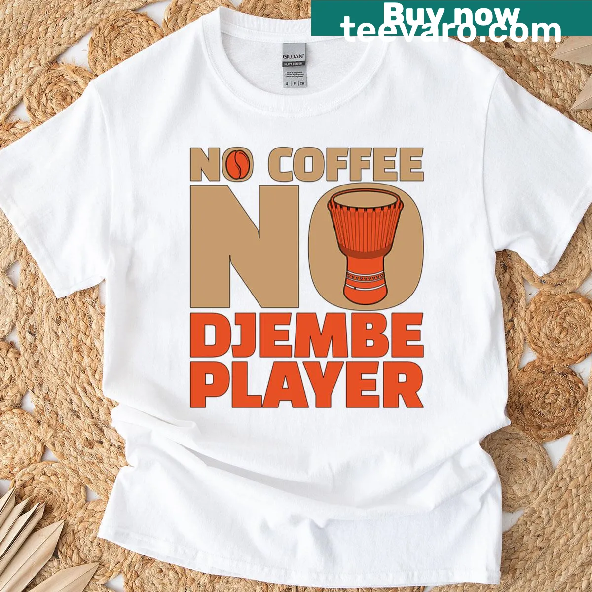 Djembe player graphic with coffee theme on t-shirt — on a men's t-shirt