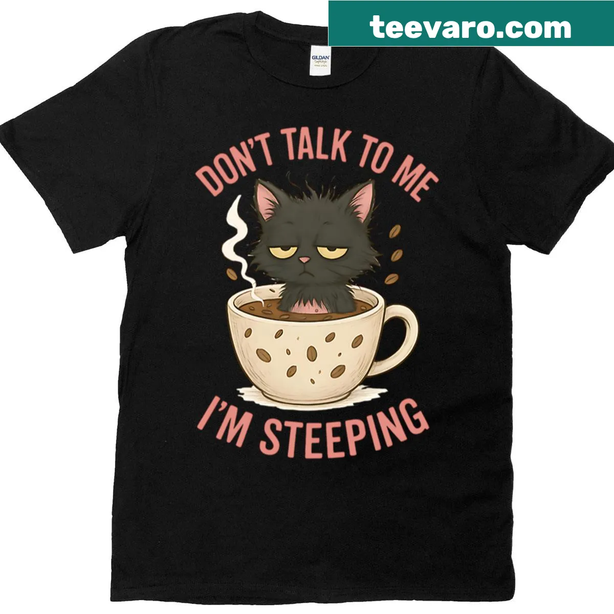 Funny black cat t-shirt with 'Don't Talk To Me, I'm Steeping' text — on a men's t-shirt