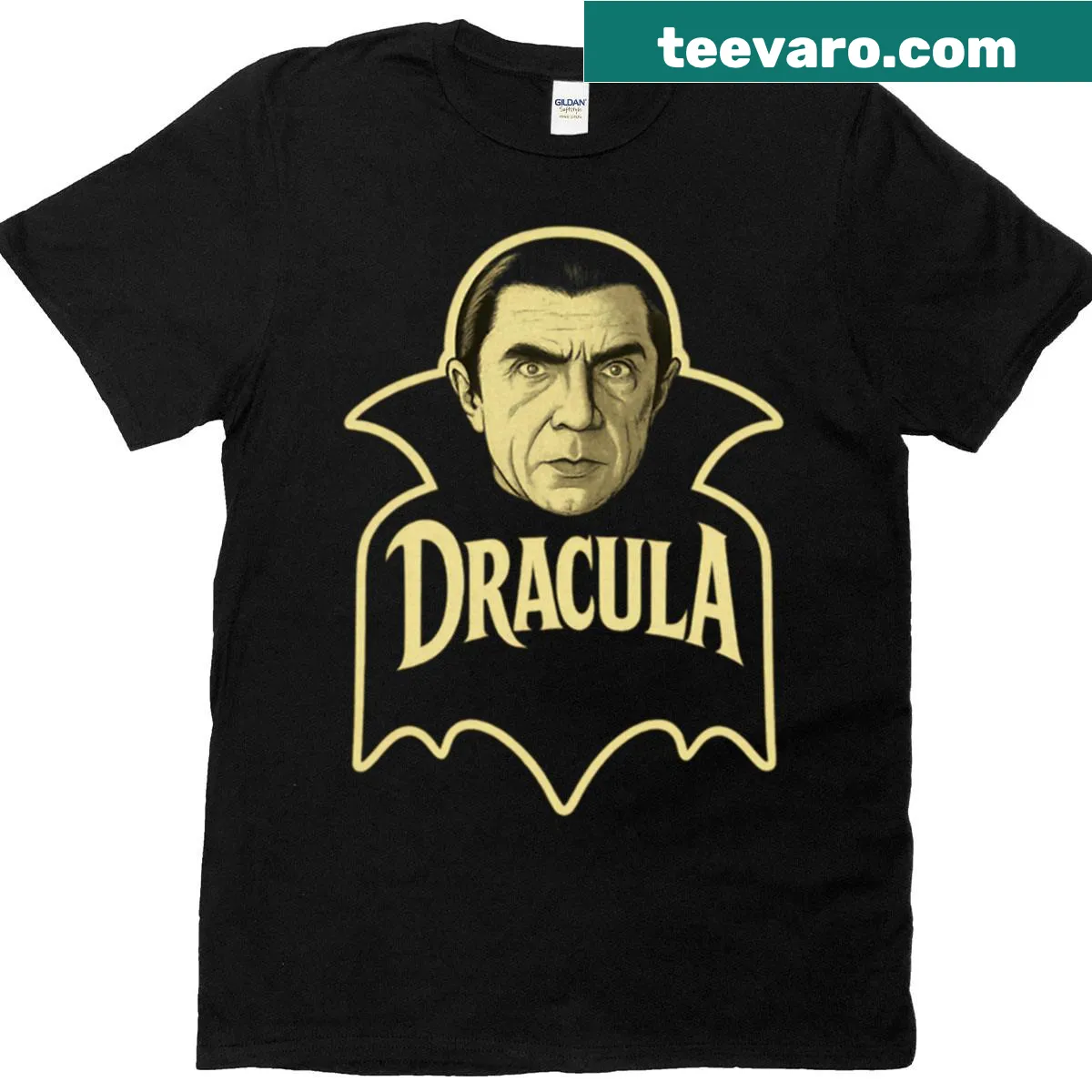 Vintage-style Dracula emblem on an oversized t-shirt — on a men's t-shirt