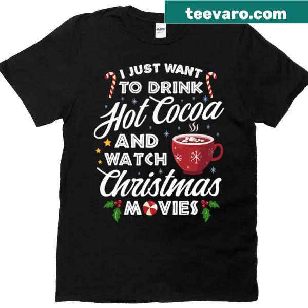 Cute oversized T-shirt with hot cocoa and Christmas movies design