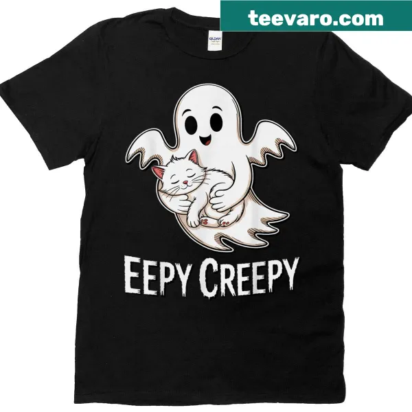 Cute Halloween t-shirt with a sleepy cat and ghost graphic