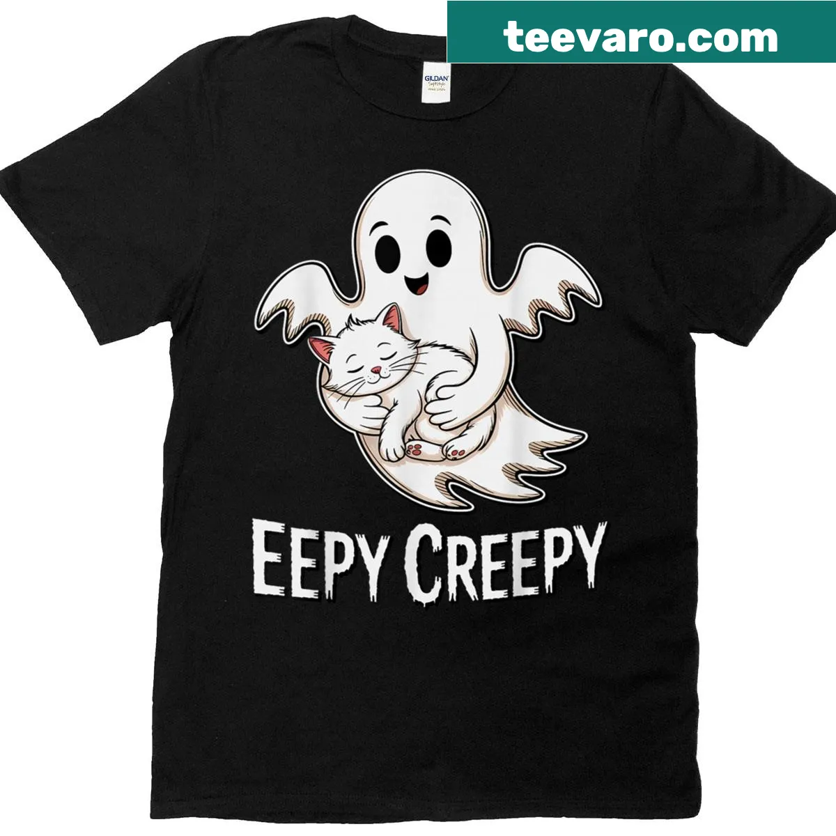 Cute Halloween t-shirt with a sleepy cat and ghost graphic — on a men's t-shirt