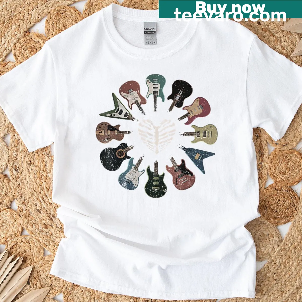 Guitar graphic with ribcage design for musicians on t-shirt — on a men's t-shirt