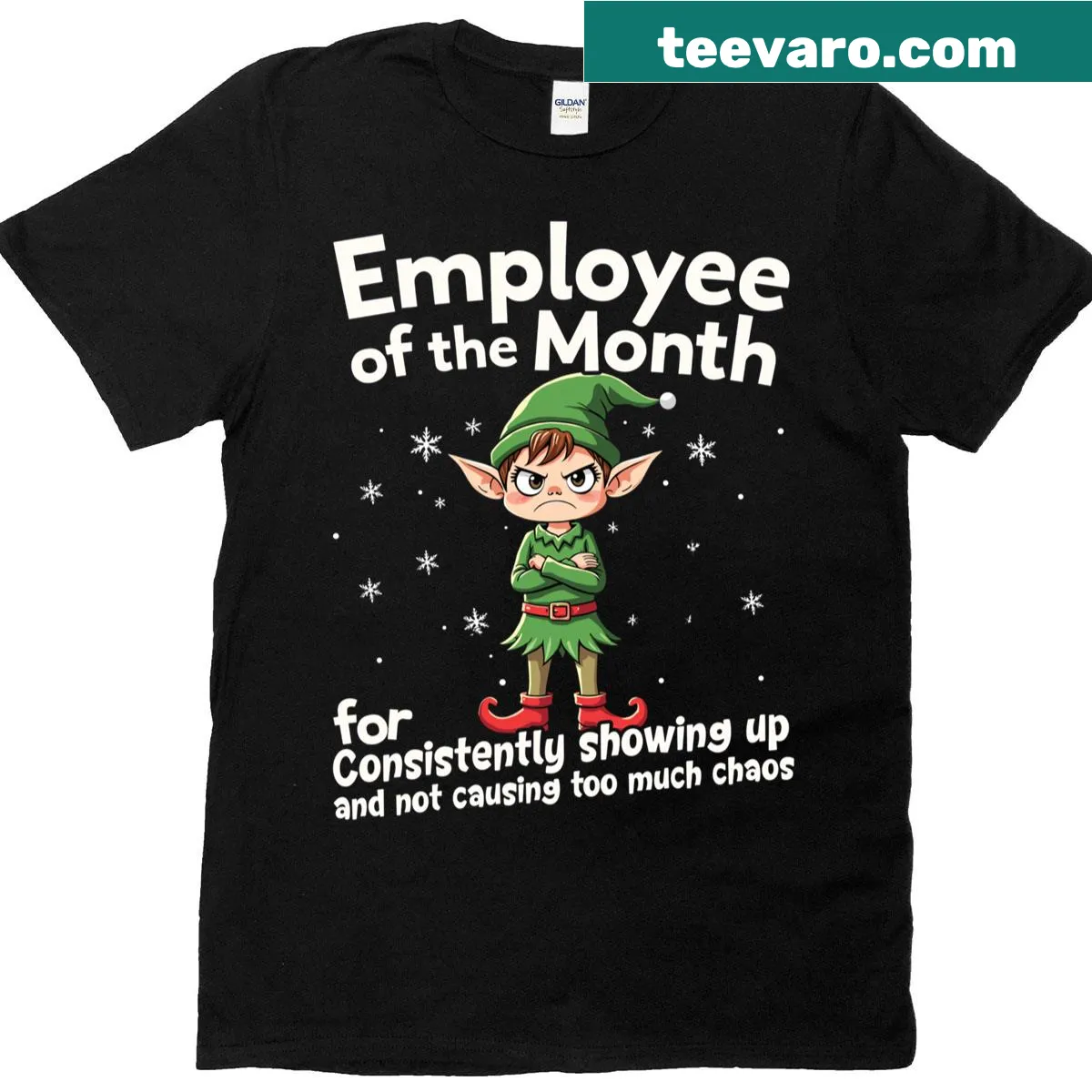Funny Christmas Elf t-shirt with cartoon design claiming 'Employee of the Month' — on a men's t-shirt