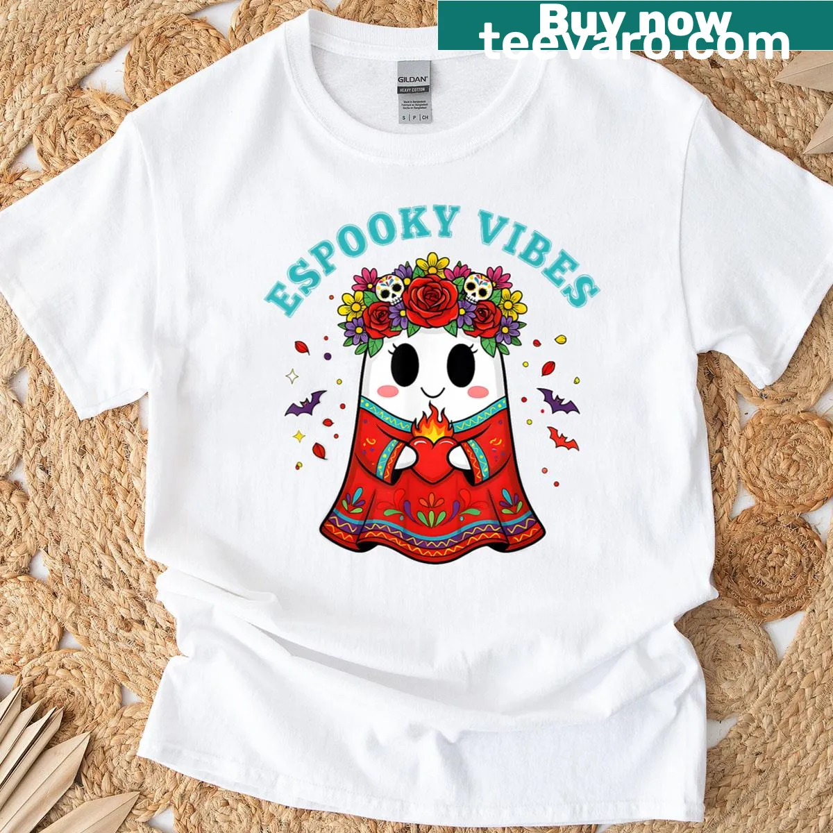Espooky Vibes graphic with a ghost design and text for Spanish teachers — on a men's t-shirt