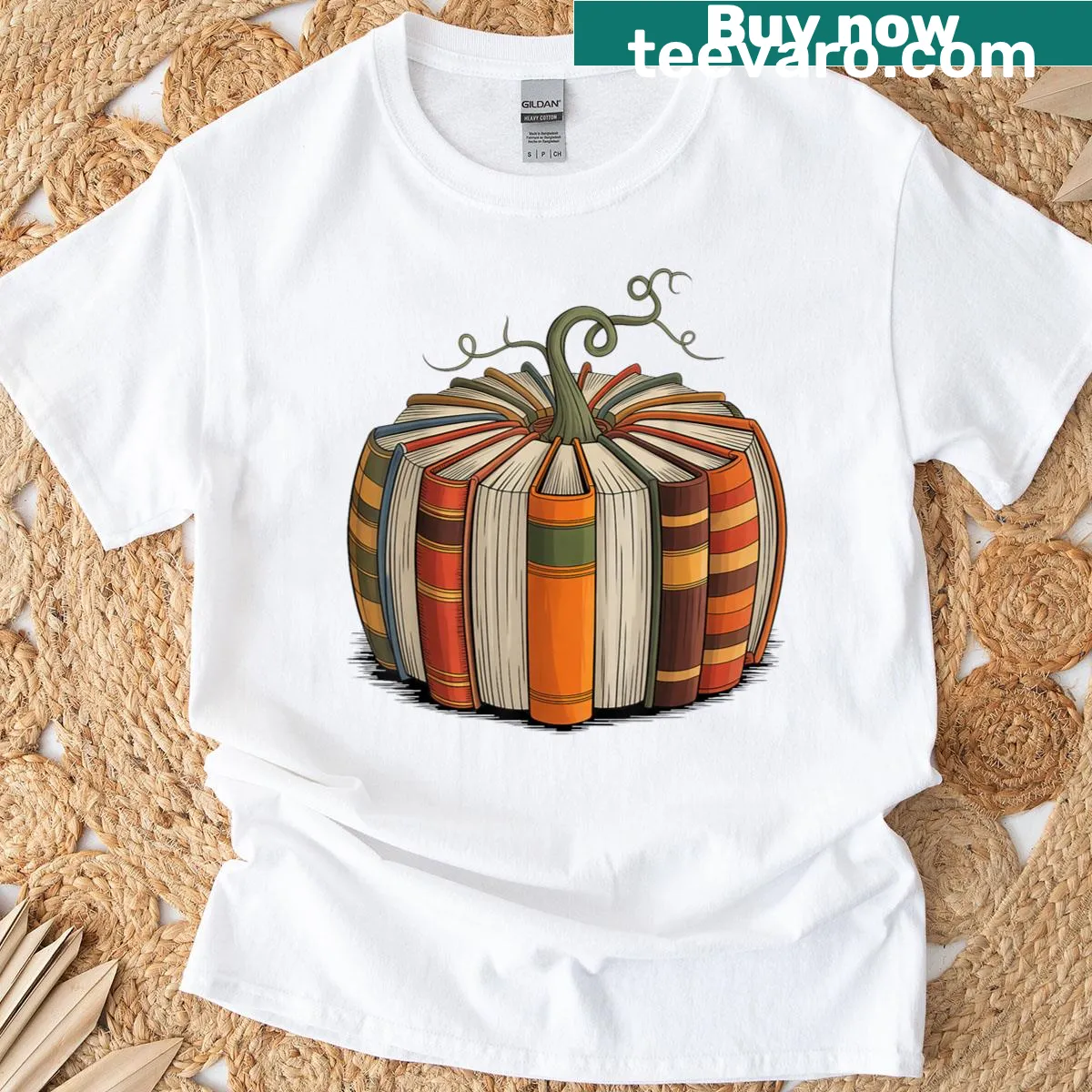 Fall-themed T-shirt with books and a pumpkin graphic for book lovers — on a men's t-shirt