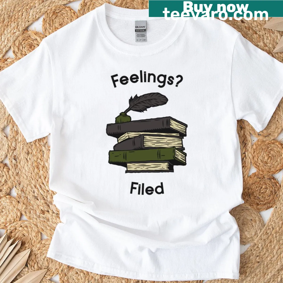 Cute journaling t-shirt featuring 'Feelings Filed' graphic — on a men's t-shirt