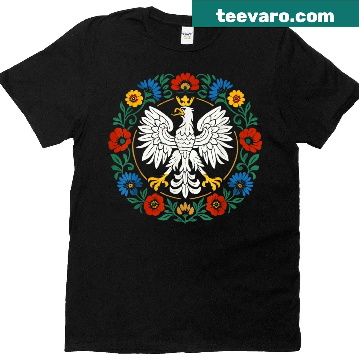 Illustrated folk eagle and floral design on a heritage t-shirt — on a men's t-shirt