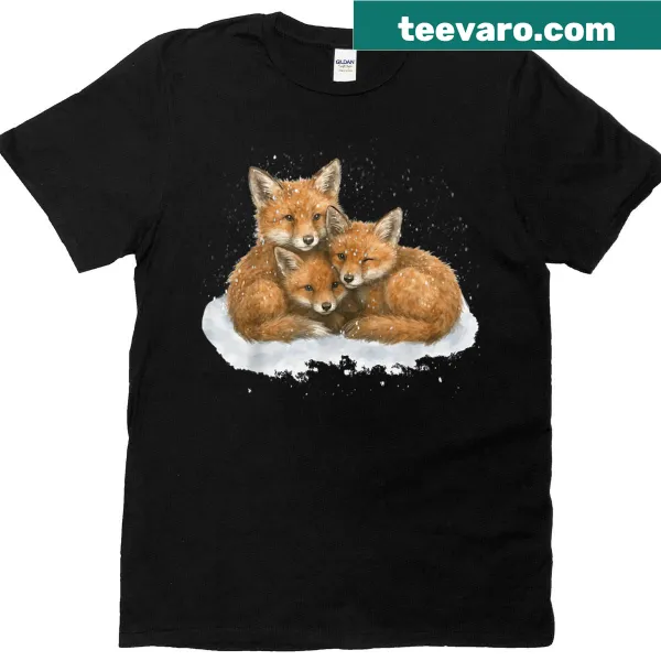 Illustrated t-shirt featuring cuddly fox cubs in the snow
