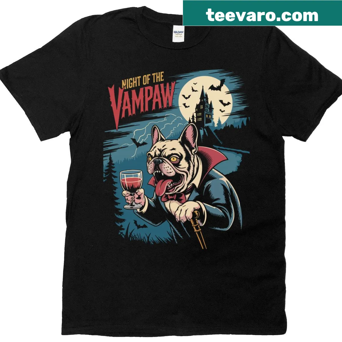Vampire French Bulldog illustration on Halloween-themed t-shirt — on a men's t-shirt