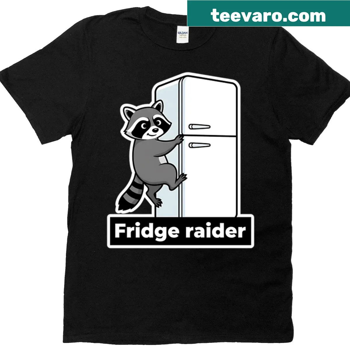 Cute T-shirt featuring a raccoon climbing a refrigerator. — on a men's t-shirt