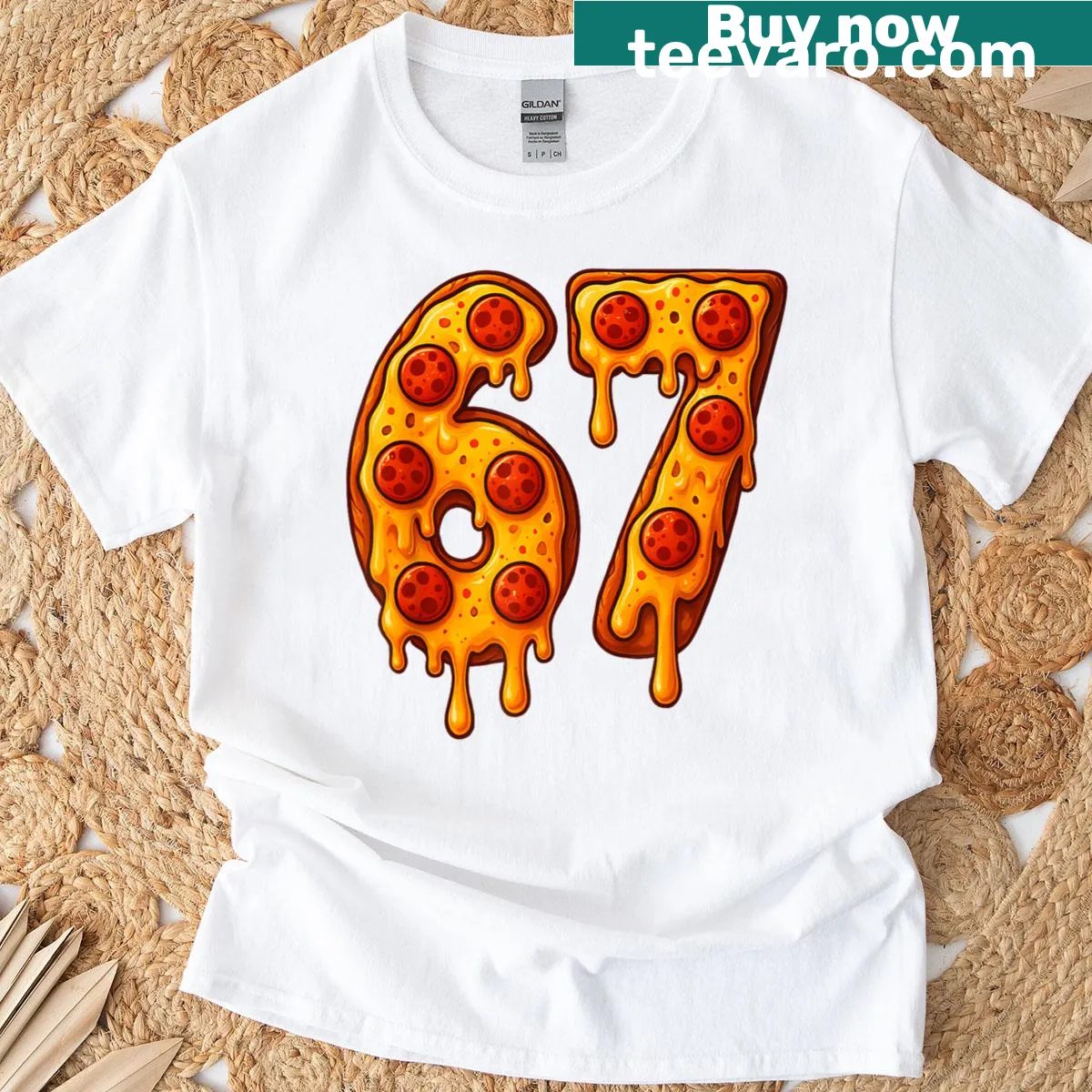 Funny t-shirt featuring the meme 'Sixty Seven' and pizza theme — on a men's t-shirt