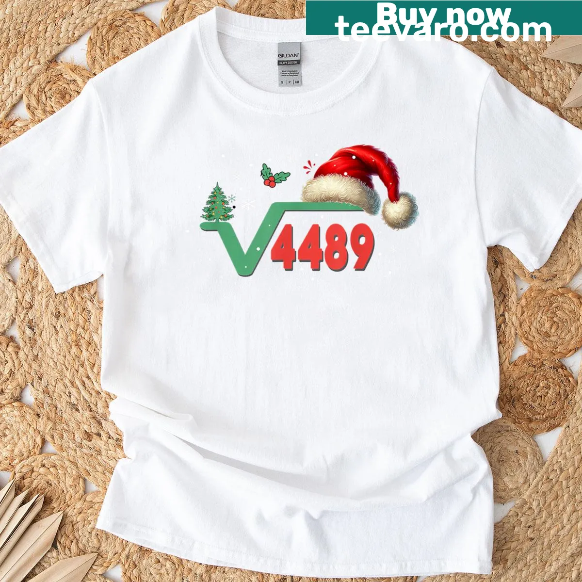 Christmas T-shirt with funny math meme about square root 4489 — on a men's t-shirt
