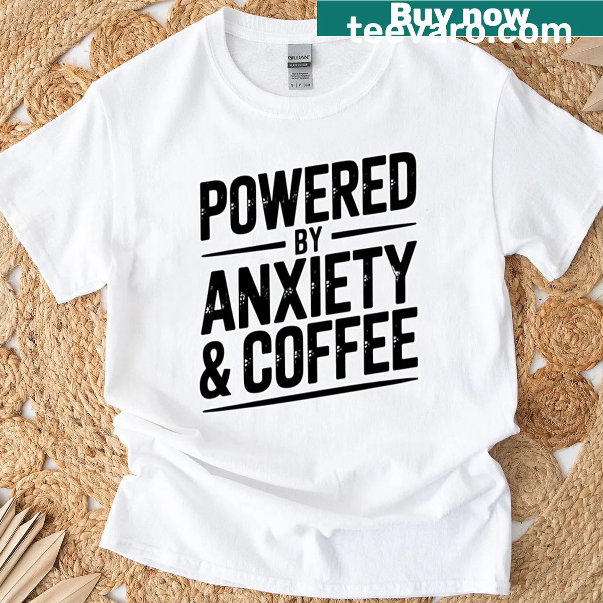 Witty typography t-shirt for coffee lovers featuring humor about anxiety — on a men's t-shirt