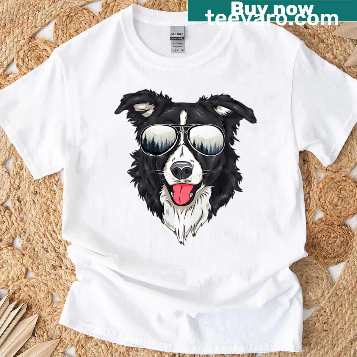 T-shirt with a funny Border Collie head graphic wearing sunglasses — on a men's t-shirt