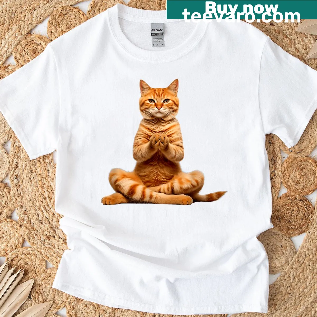Funny shirt with a cat doing yoga, ideal for cat lovers — on a men's t-shirt