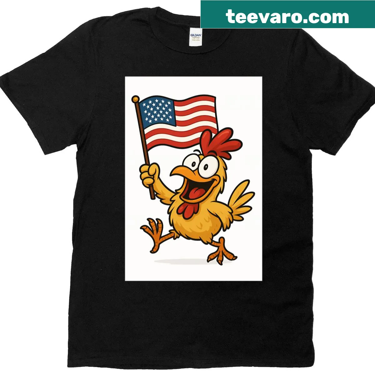 Humorous T-shirt featuring a chicken and the US flag — on a men's t-shirt
