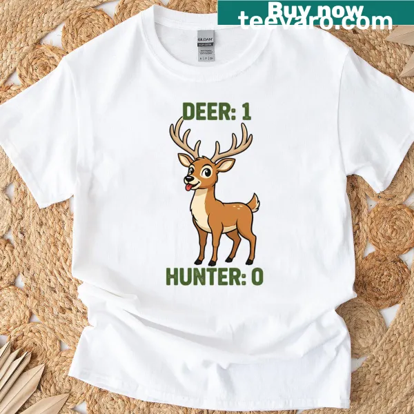 Humorous shirt for hunters featuring a graphic of deer and hunter