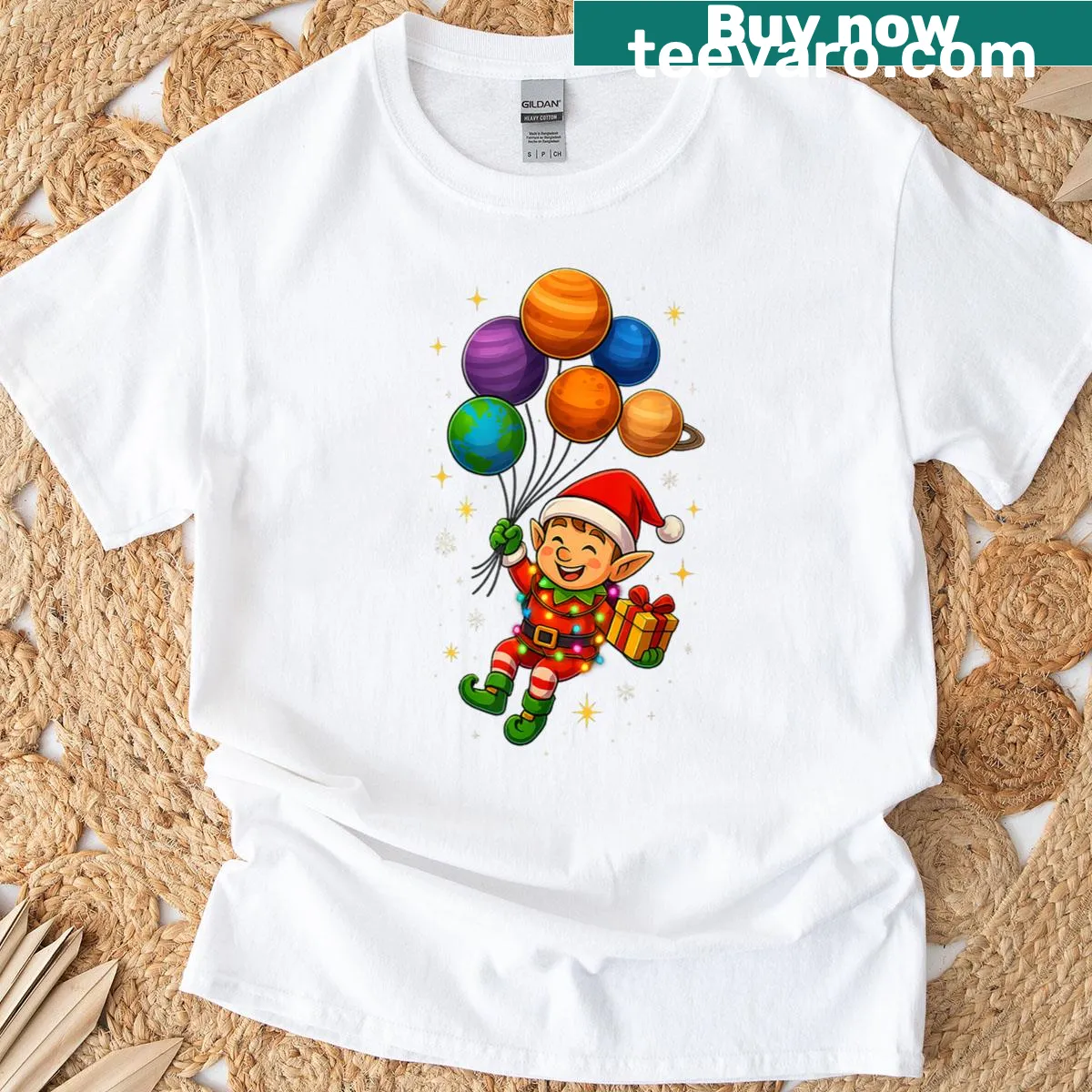 T-shirt featuring an elf astronaut design with planets — on a men's t-shirt