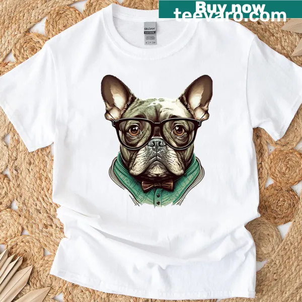 Cartoon French bulldog wearing hipster glasses in a funny design
