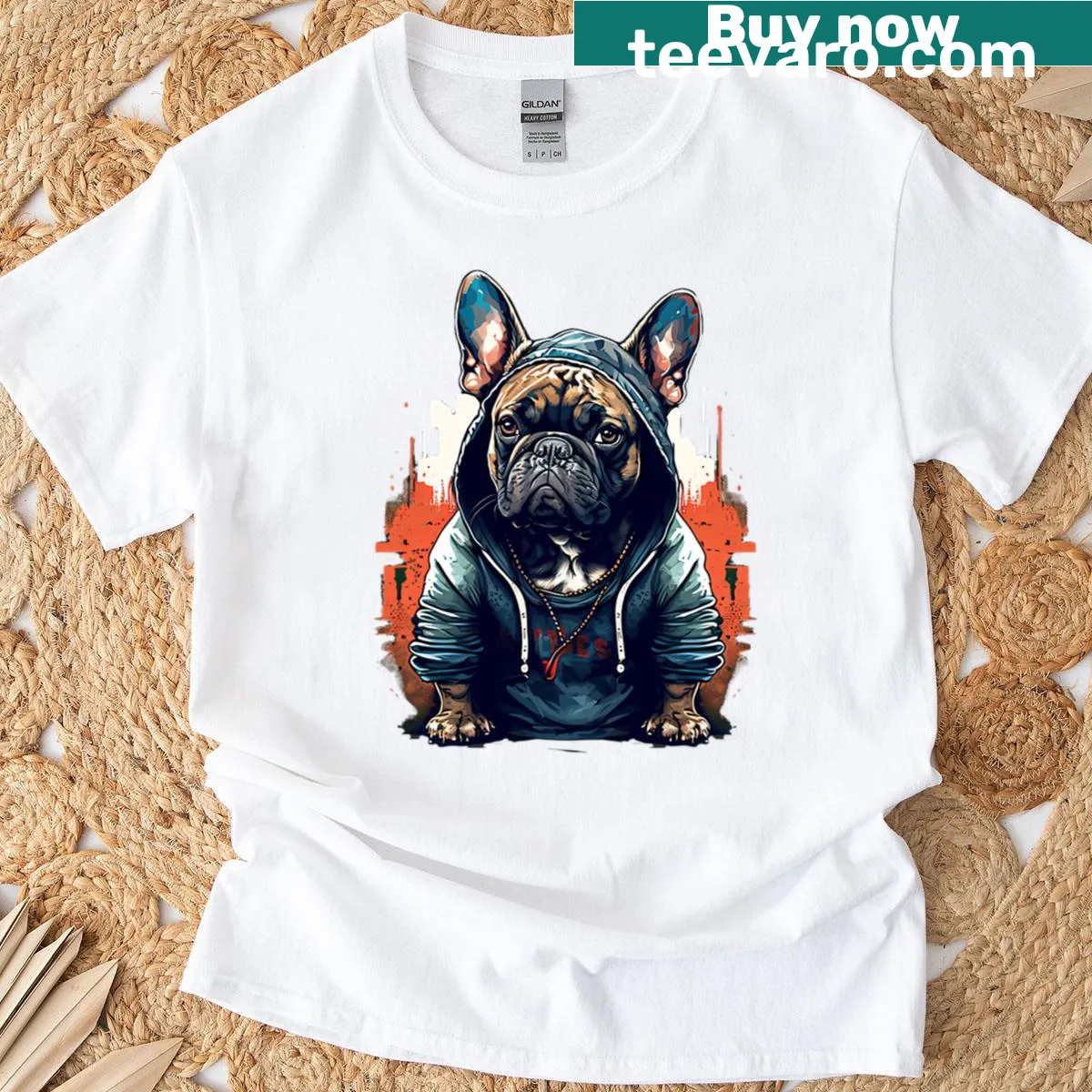 Illustrated French Bulldog in rap style t-shirt — on a men's t-shirt