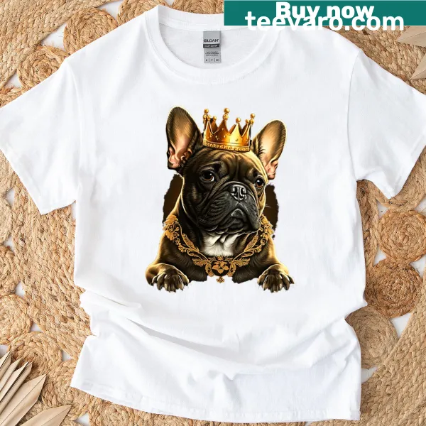 Vintage-style French Bulldog wearing a golden crown graphic