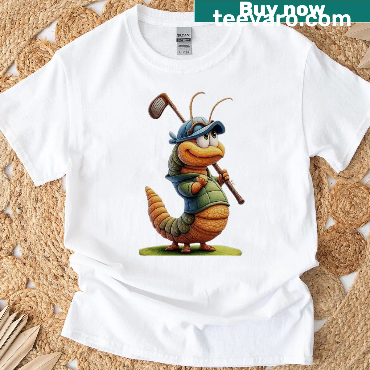 Cartoon golf worm character graphic T-shirt — on a men's t-shirt