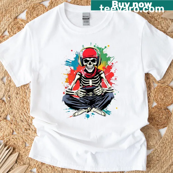Halloween t-shirt featuring a skeleton gamer in a playful design