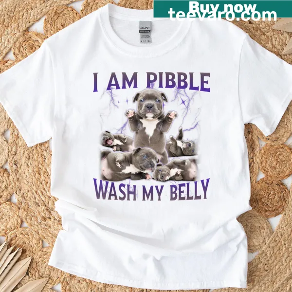 Cartoon design of a puppy getting washed with the text 'I Am Pibble'