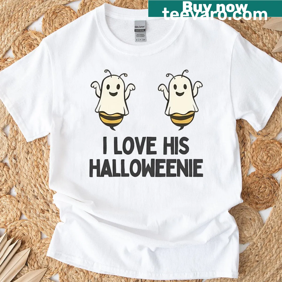 Couples matching Halloween t-shirt with humorous Halloweenie text — on a men's t-shirt