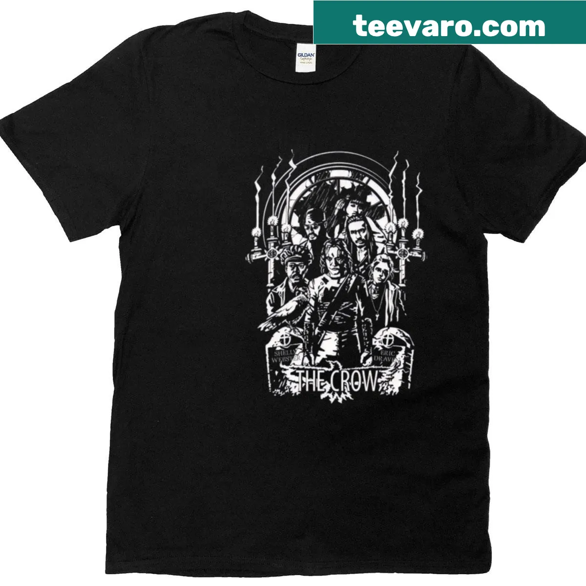 Vintage-style t-shirt featuring graphics celebrating retro horror movies with a Gothic twist. — on a men's t-shirt