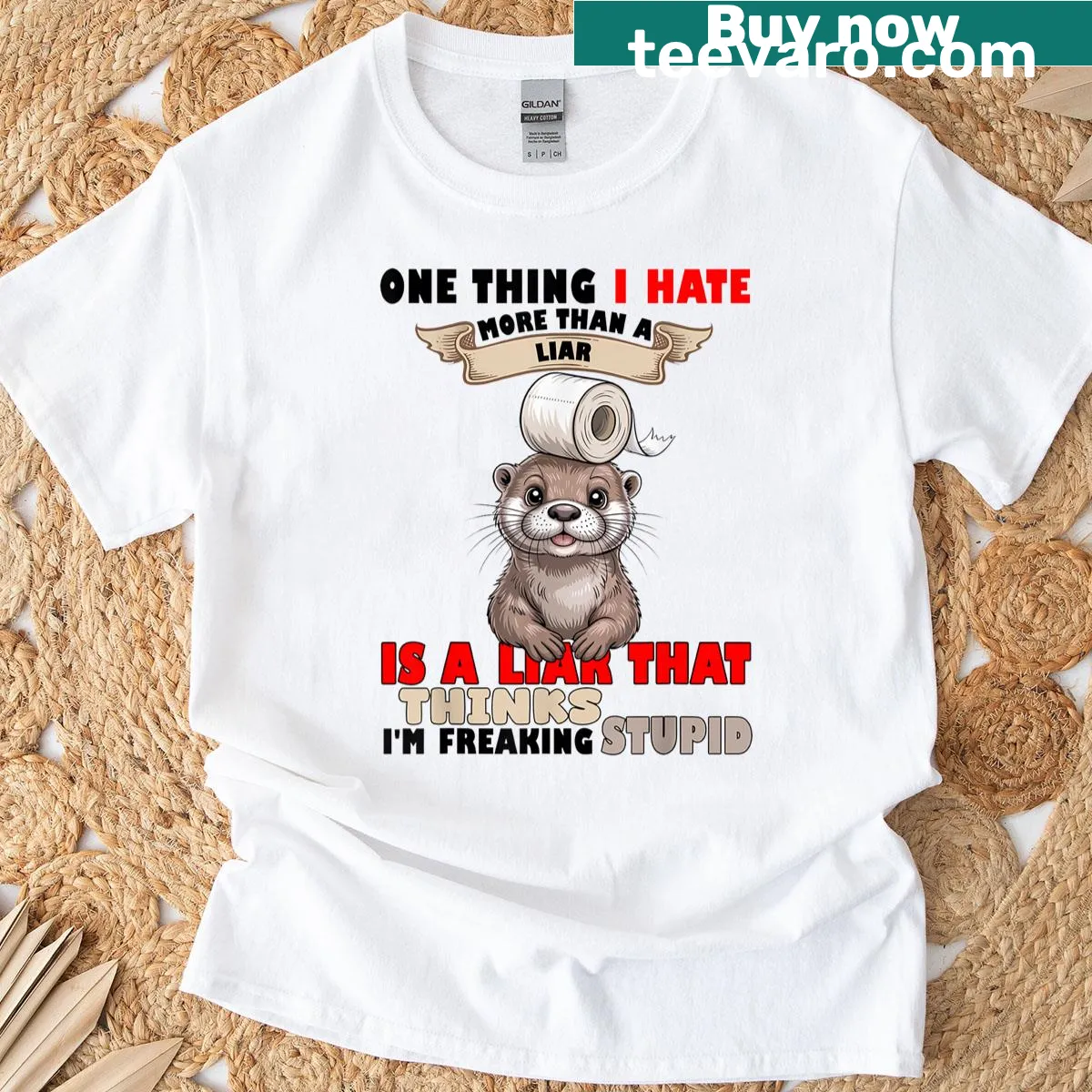 Funny otter t-shirt with humorous saying about liars — on a men's t-shirt
