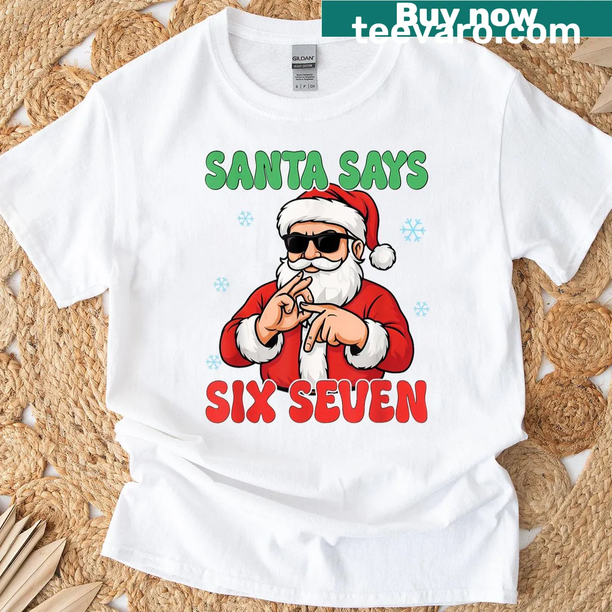 Christmas t-shirt featuring the funny meme 'Santa Says Six Seven' — on a men's t-shirt