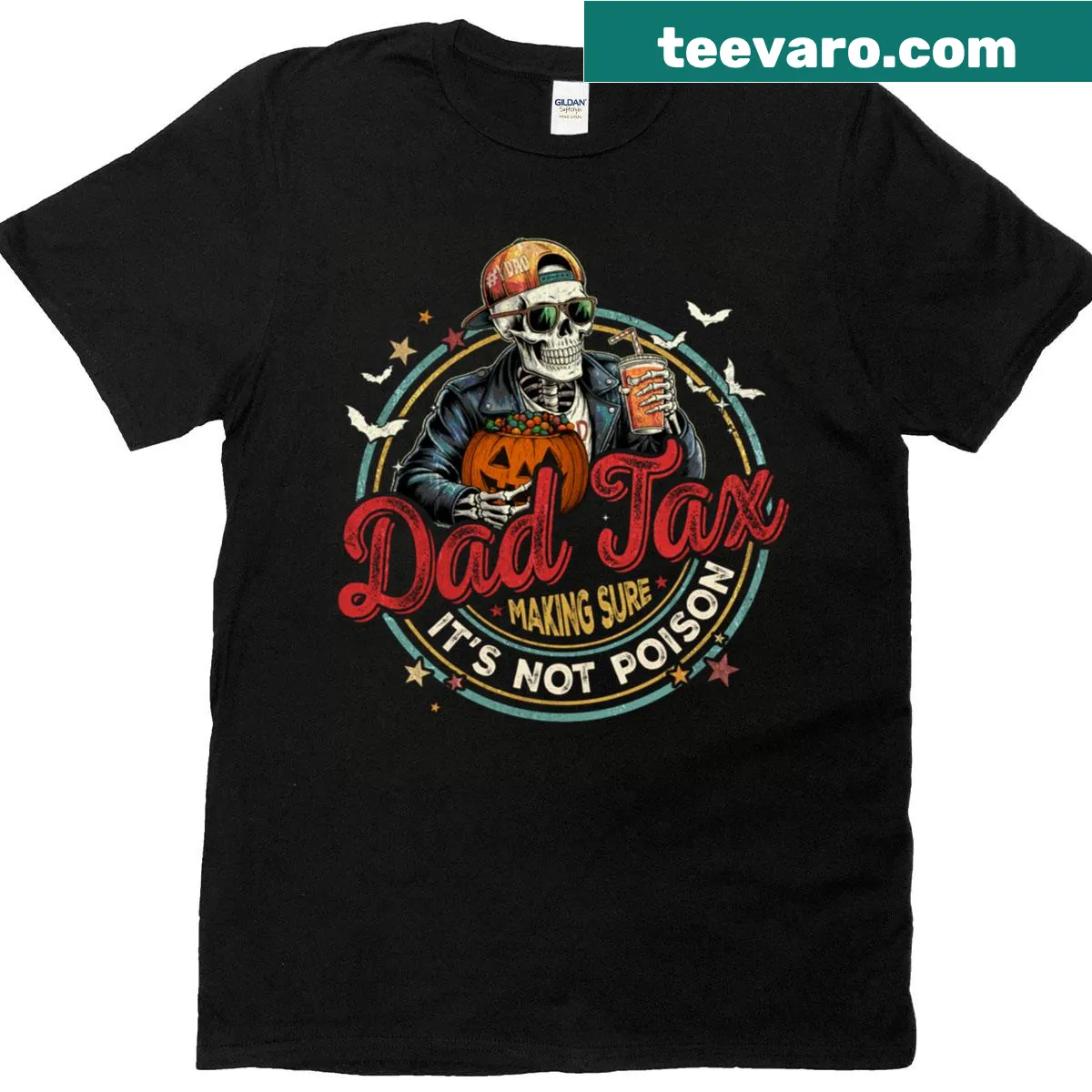 Vintage-style graphic of a skeleton dad with humorous Halloween text — on a men's t-shirt