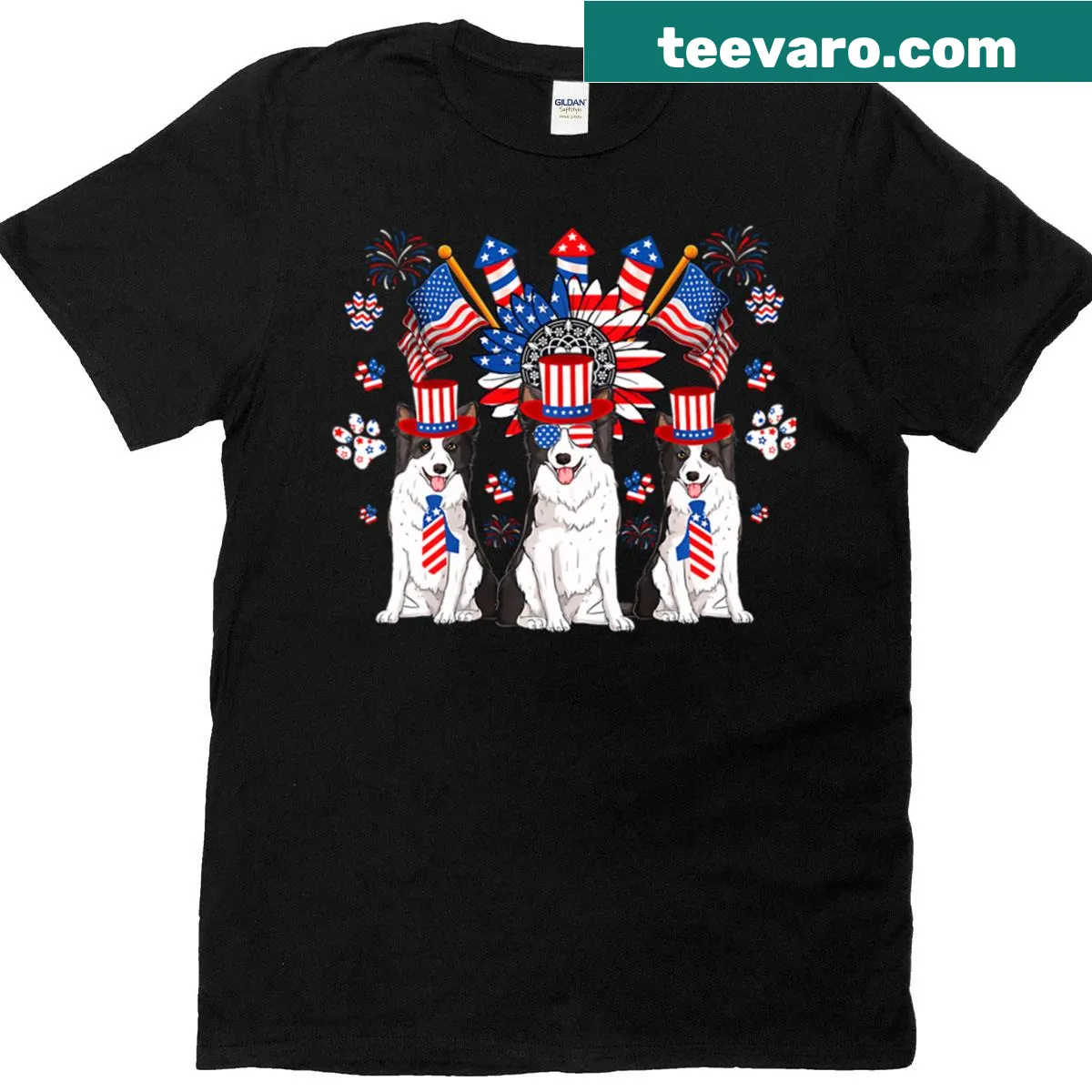 Uncle Sam with border collies and USA flag on an oversized T-shirt — on a men's t-shirt