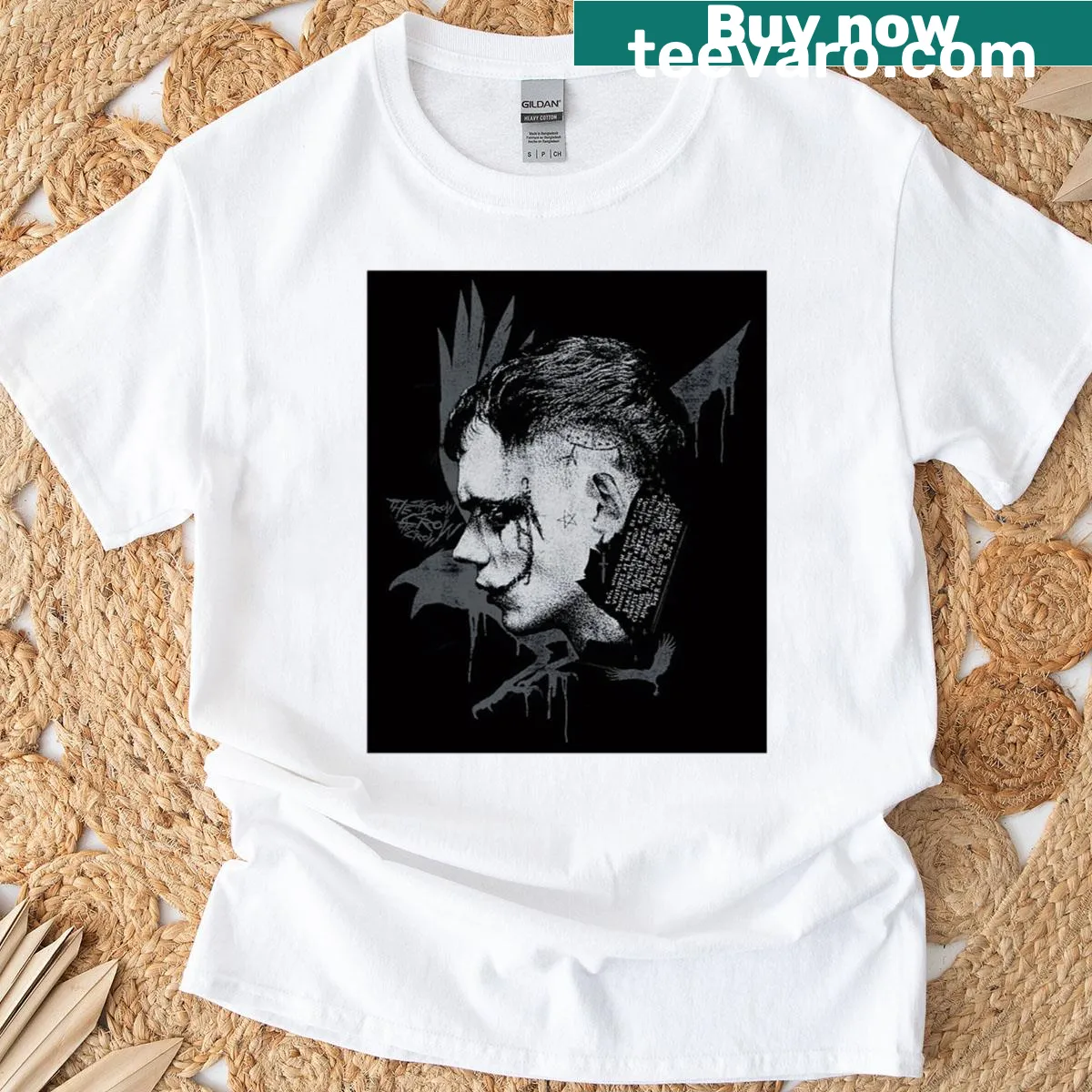 Vintage horror tee with humorous graphic celebrating retro movies — on a men's t-shirt