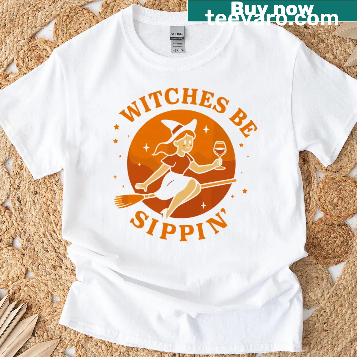 T-shirt with the phrase 'Witches Be Sippin' and witchy graphics — on a men's t-shirt