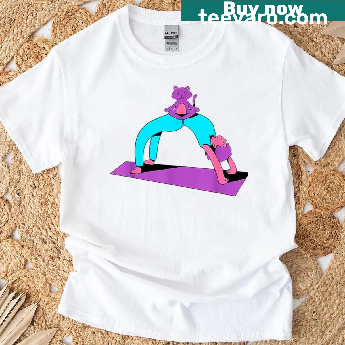 Illustration of a cat doing yoga with the text 'Yoga With A Cat' — on a men's t-shirt